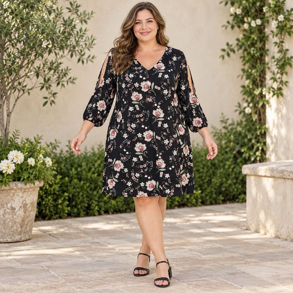 Kaari Blue Curvy 2X Black Floral V Neck Cold Shoulder 3/4 Sleeve Plus Size Dress